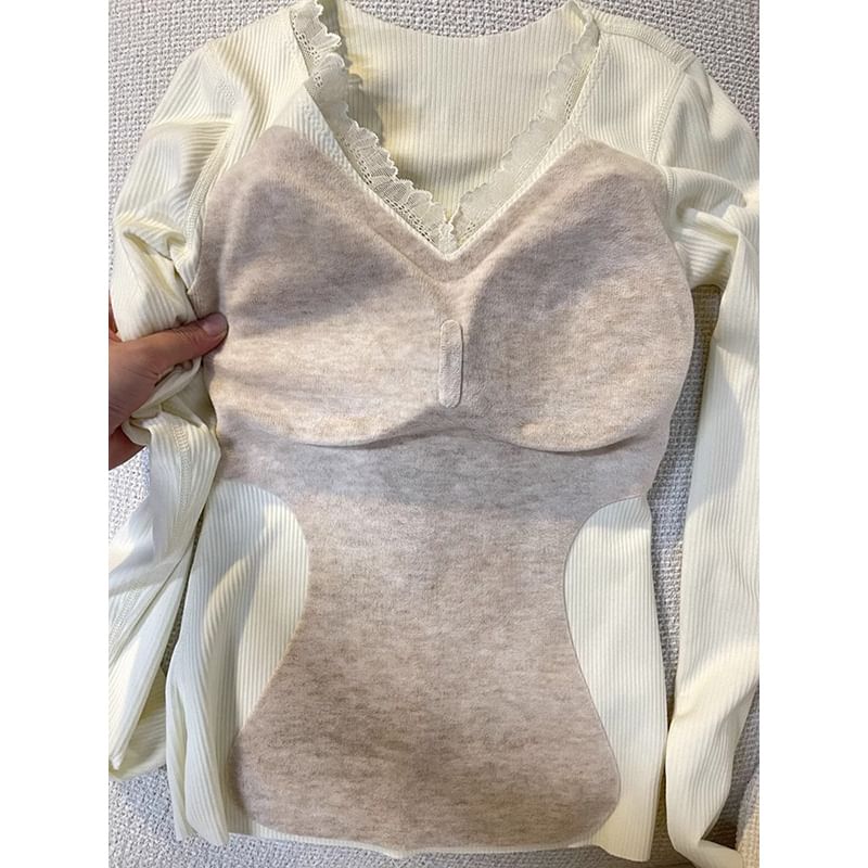 Padded Lace V-Neck Long Sleeve Top