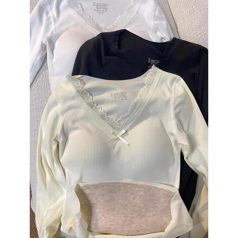 Padded Lace V-Neck Long Sleeve Top