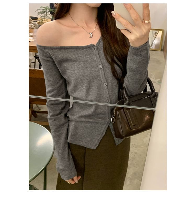 Asymmetric Off-Shoulder Button Up Cardigan