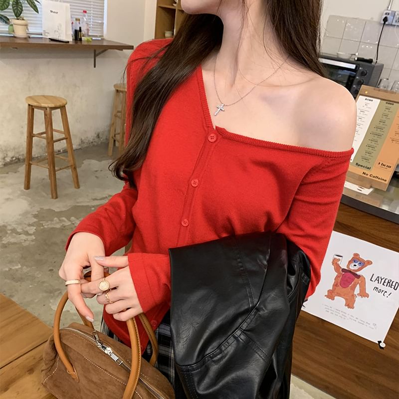 Asymmetric Off-Shoulder Button Up Cardigan