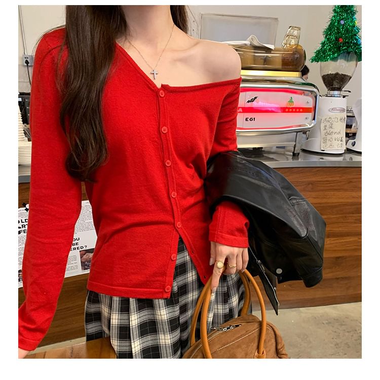 Asymmetric Off-Shoulder Button Up Cardigan