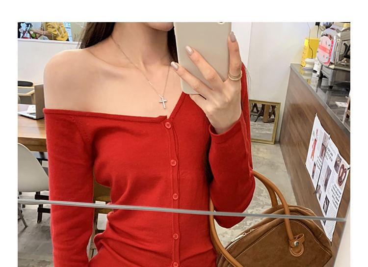 Asymmetric Off-Shoulder Button Up Cardigan