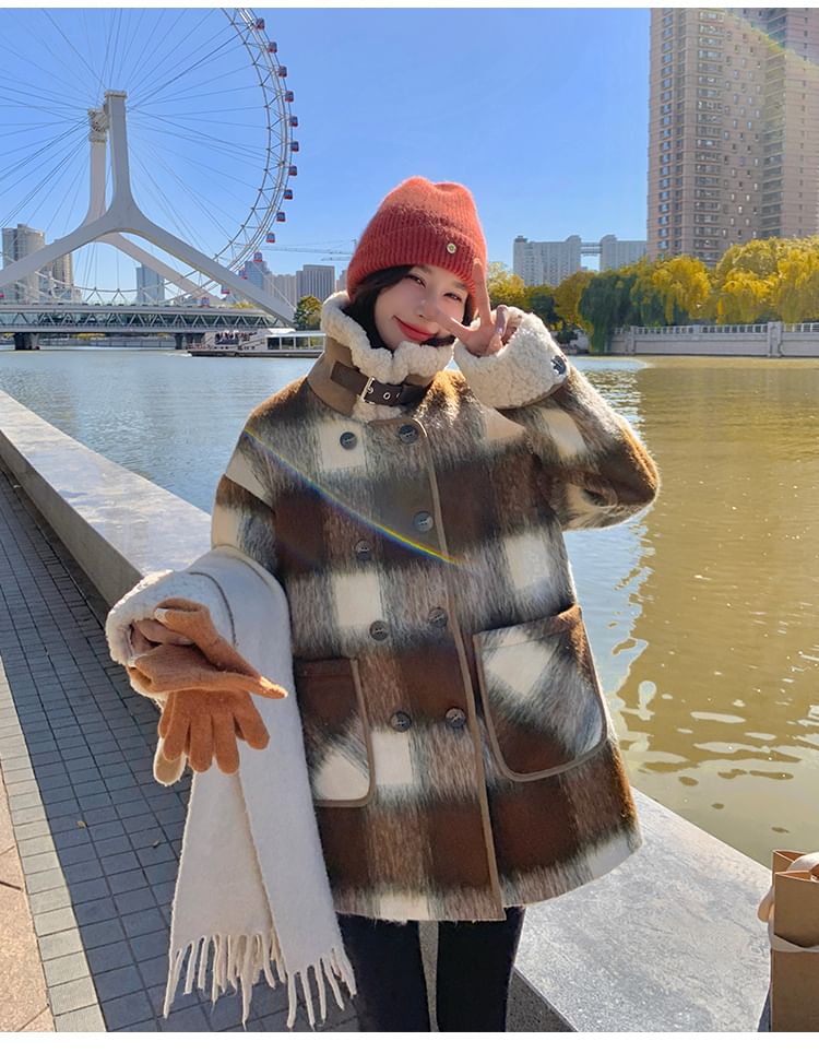 Fluffy Collar Plaid Double-Breasted Jacket