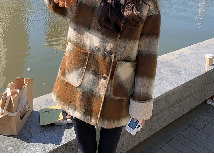 Fluffy Collar Plaid Double-Breasted Jacket