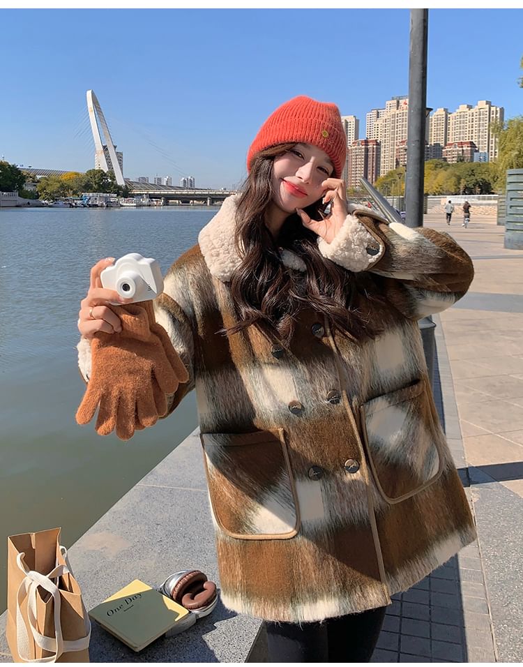 Fluffy Collar Plaid Double-Breasted Jacket