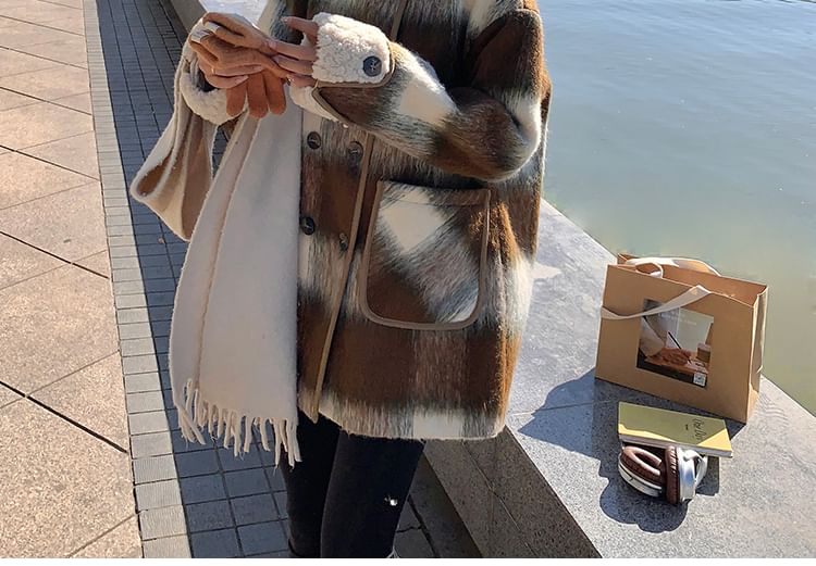 Fluffy Collar Plaid Double-Breasted Jacket