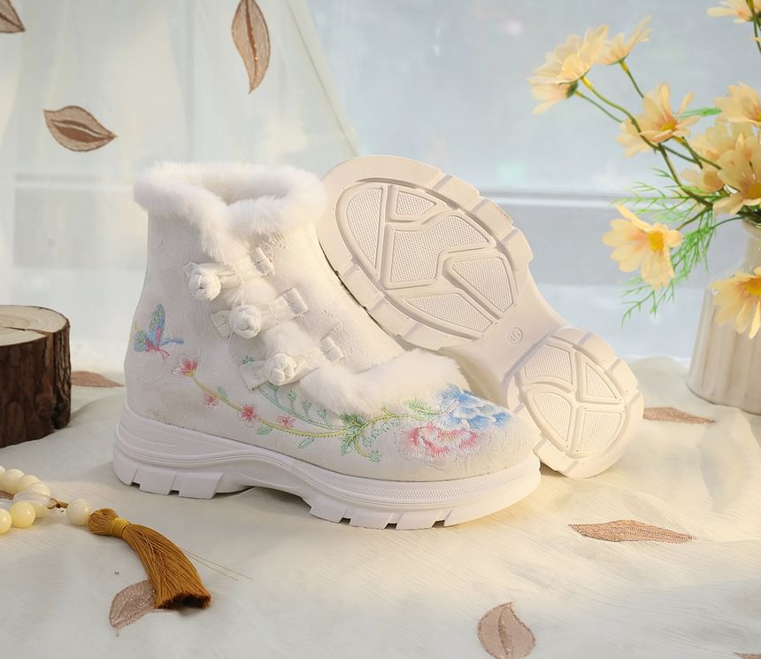 Floral Trim Lace-Up Short Boots Furry Embroidery