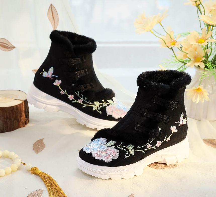 Floral Trim Lace-Up Short Boots Furry Embroidery