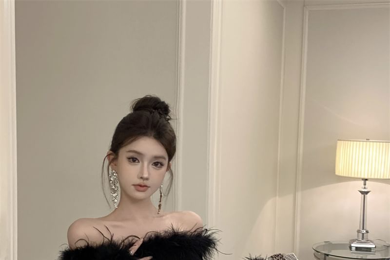 Mini Sequin Fluffy Dress Trim Plain Off-Shoulder Long-Sleeve Sheath