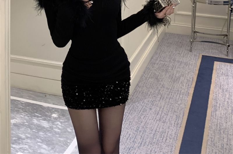 Mini Sequin Fluffy Dress Trim Plain Off-Shoulder Long-Sleeve Sheath