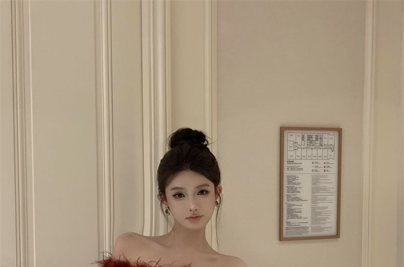 Mini Sequin Fluffy Dress Trim Plain Off-Shoulder Long-Sleeve Sheath