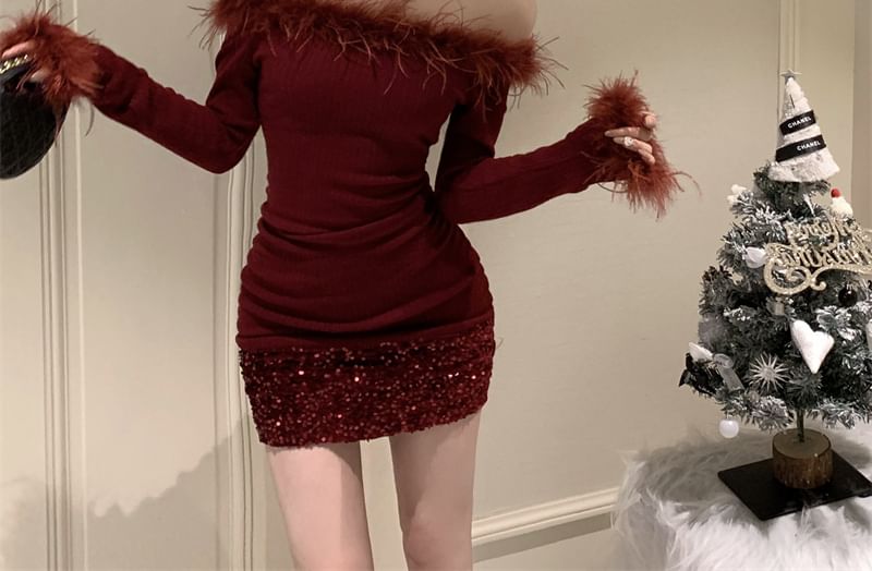 Mini Sequin Fluffy Dress Trim Plain Off-Shoulder Long-Sleeve Sheath