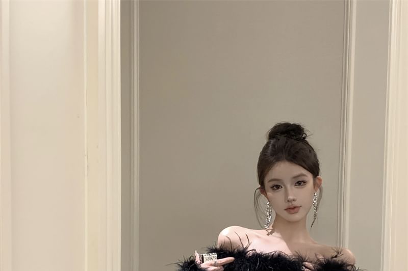 Mini Sequin Fluffy Dress Trim Plain Off-Shoulder Long-Sleeve Sheath