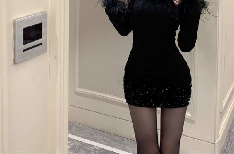 Mini Sequin Fluffy Dress Trim Plain Off-Shoulder Long-Sleeve Sheath