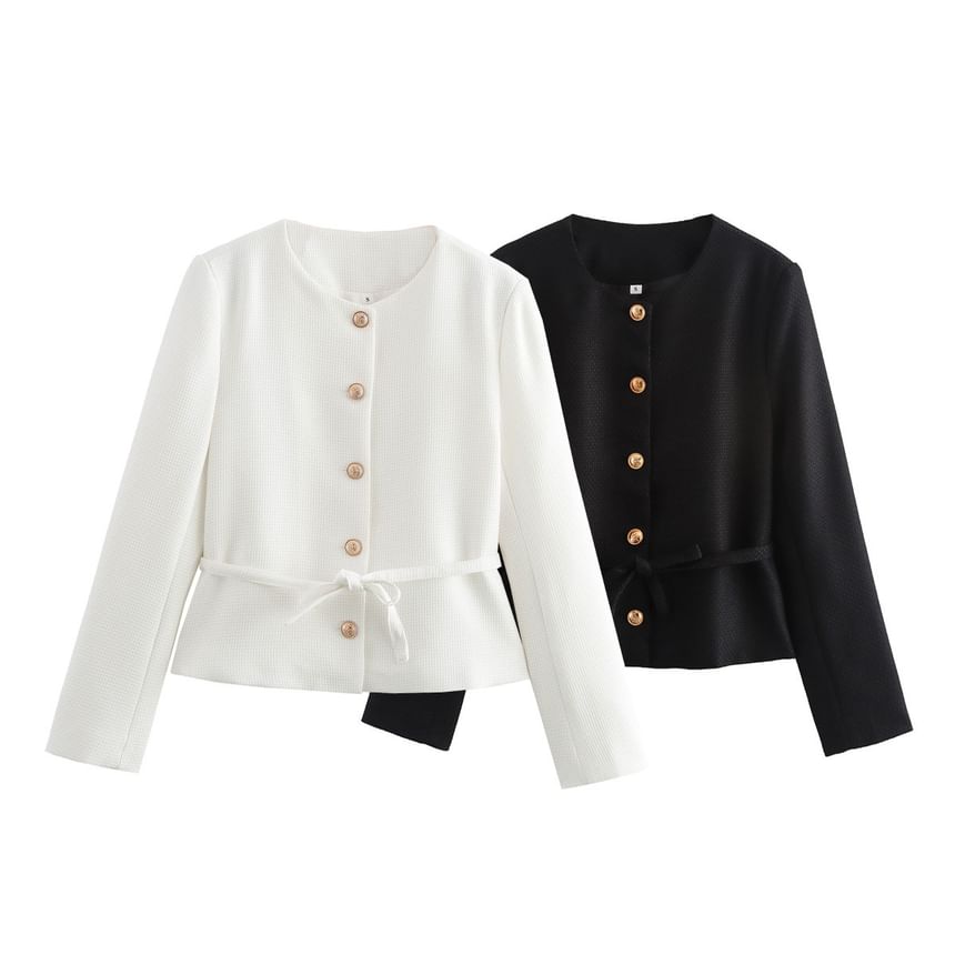Round Neck Plain Tie-Waist Tweed Button Jacket