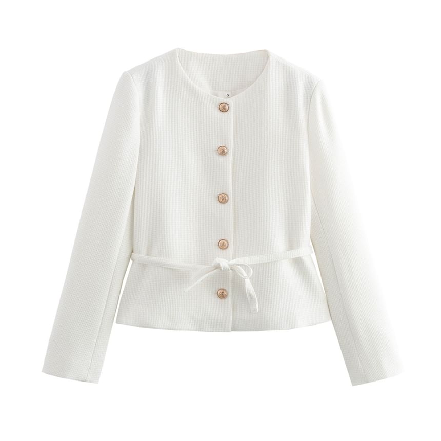 Round Neck Plain Tie-Waist Tweed Button Jacket