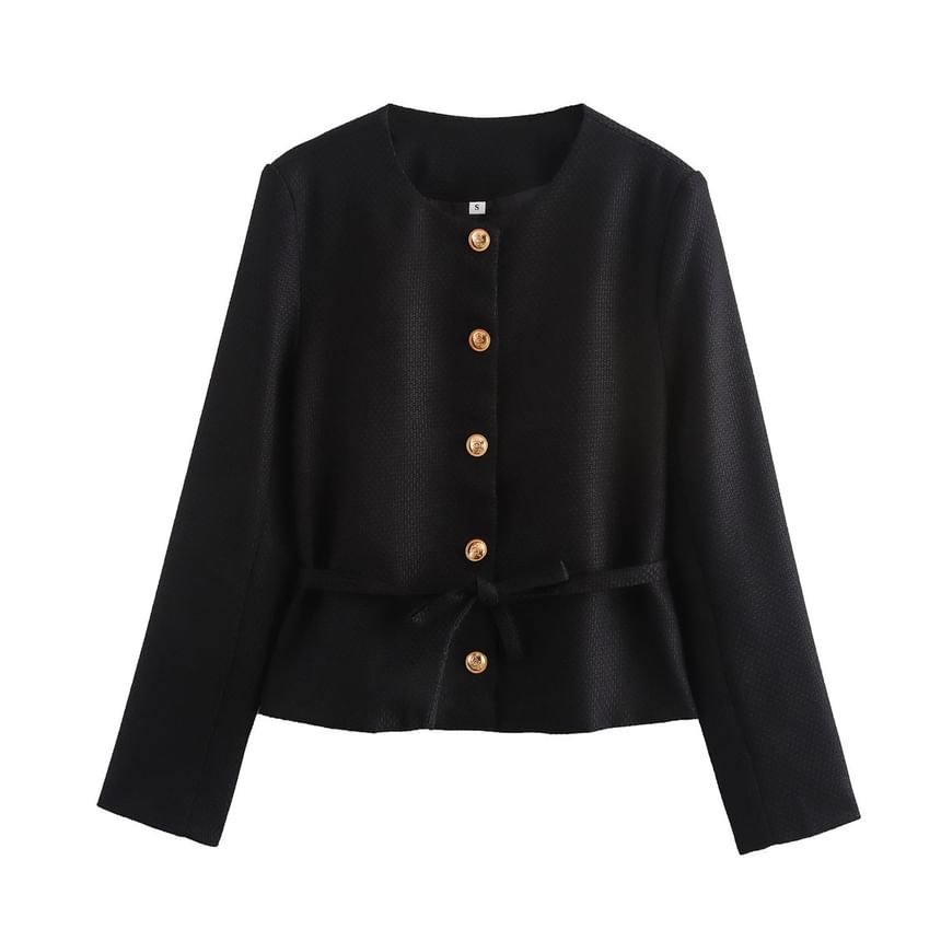 Round Neck Plain Tie-Waist Tweed Button Jacket