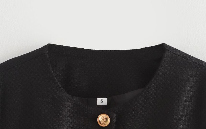Round Neck Plain Tie-Waist Tweed Button Jacket