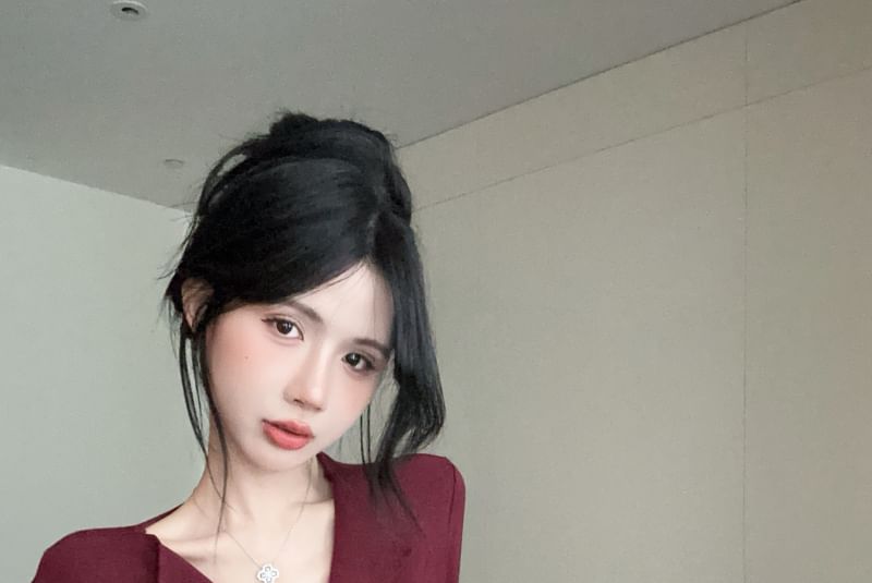 Long Plain V-Neck Sleeve Top Button Ruched