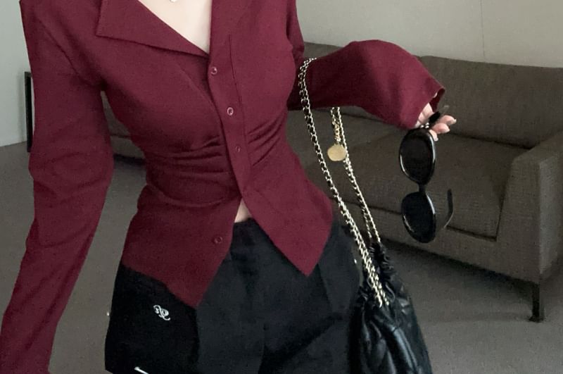 Long Plain V-Neck Sleeve Top Button Ruched