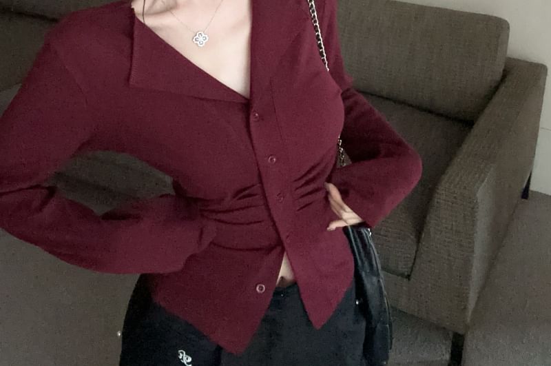 Long Plain V-Neck Sleeve Top Button Ruched