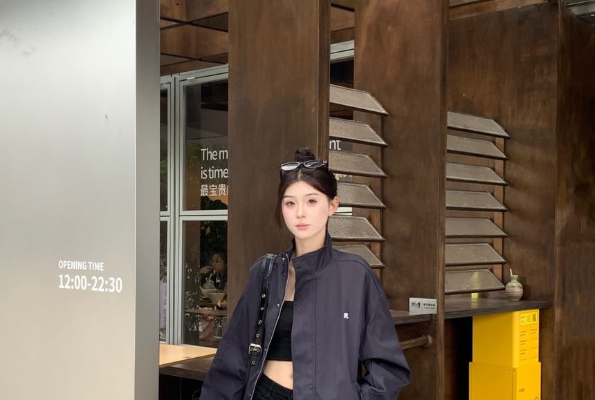 Embroidered Jacket Stand Zip Collar