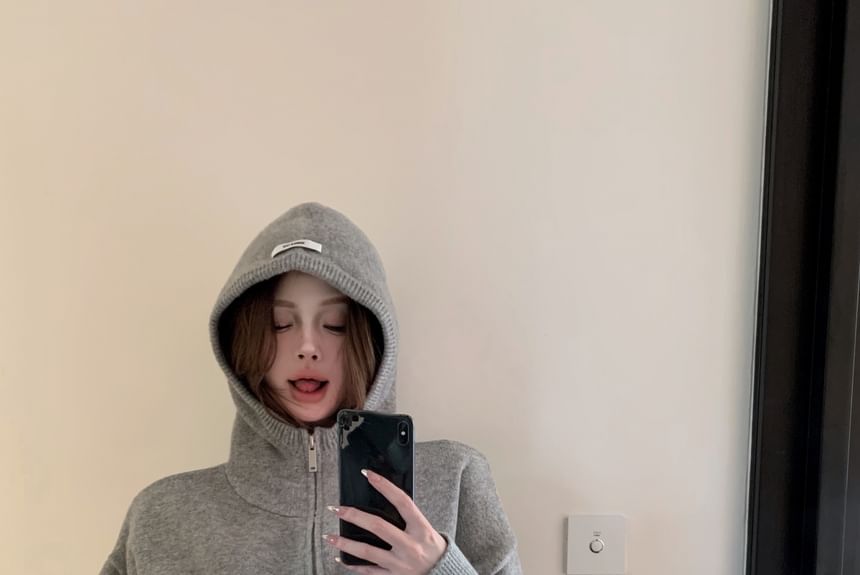 Hoodie Applique Rise Knit Shorts Melange Zip / Mid