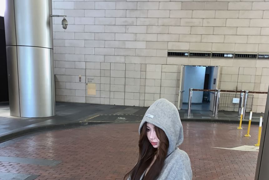 Hoodie Applique Rise Knit Shorts Melange Zip / Mid