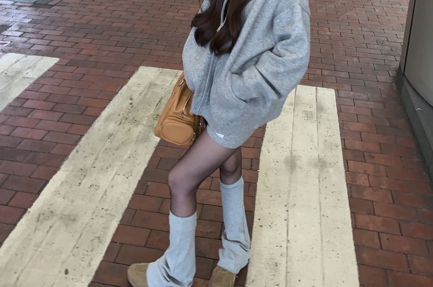 Hoodie Applique Rise Knit Shorts Melange Zip / Mid