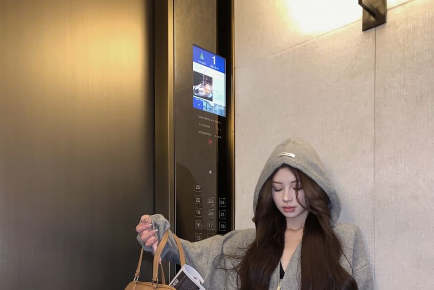 Hoodie Applique Rise Knit Shorts Melange Zip / Mid