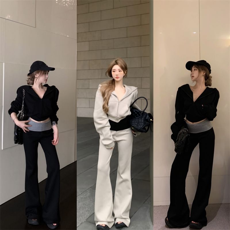 Tone Two Sweatpants / Zip Crop High Drawstring Bootcut Hoodie Plain Rise