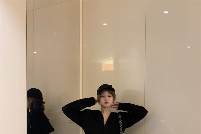 Tone Two Sweatpants / Zip Crop High Drawstring Bootcut Hoodie Plain Rise