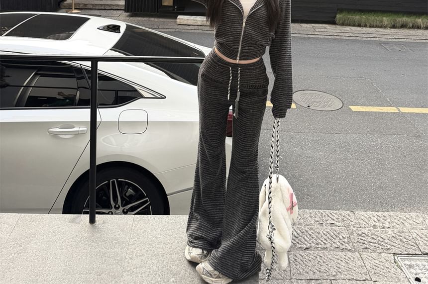 Crop Accent Zip / Waist Drawstring Hoodie Bootcut Devil Sweatpants Horn Striped