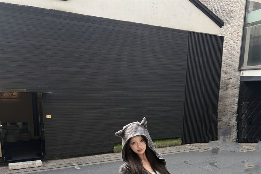 Crop Accent Zip / Waist Drawstring Hoodie Bootcut Devil Sweatpants Horn Striped