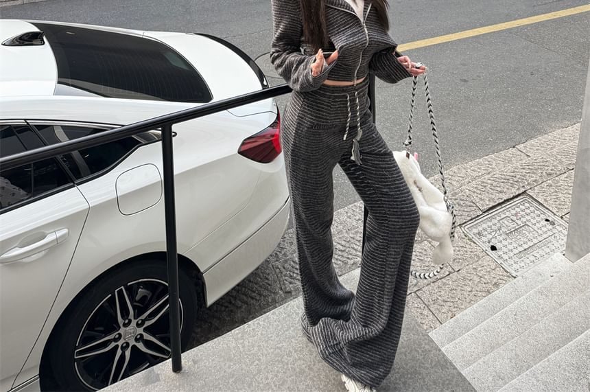 Crop Accent Zip / Waist Drawstring Hoodie Bootcut Devil Sweatpants Horn Striped