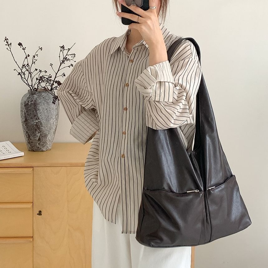 Leather Multi-Pocket Faux Tote Bag