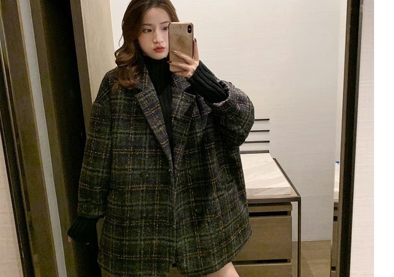 Lapel Collar Plaid Oversized Double-Breasted Coat