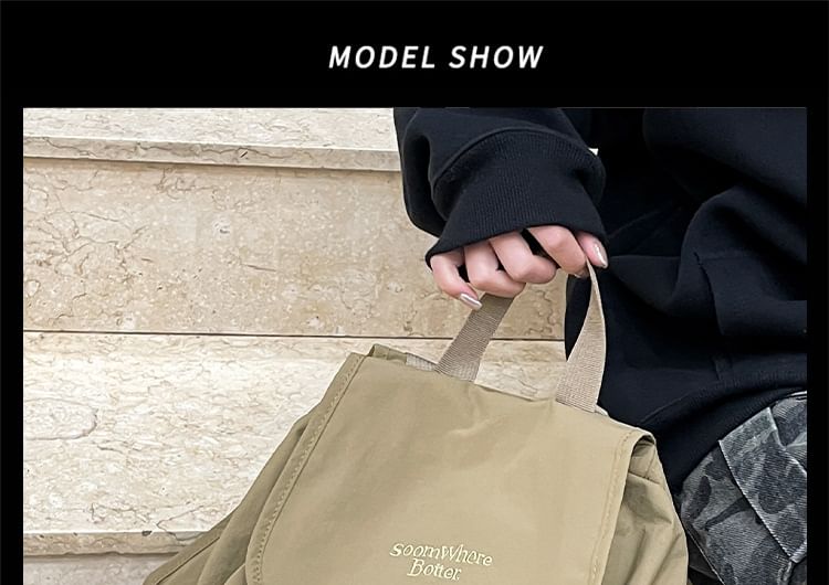 Embroidered Lettering Buckled Backpack Nylon Flap