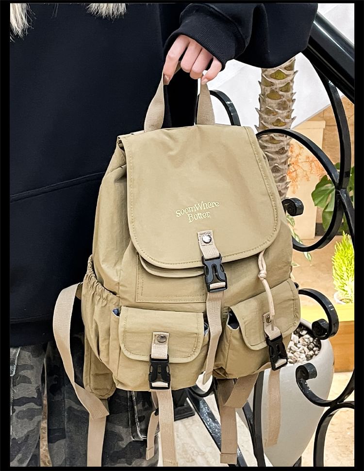 Embroidered Lettering Buckled Backpack Nylon Flap