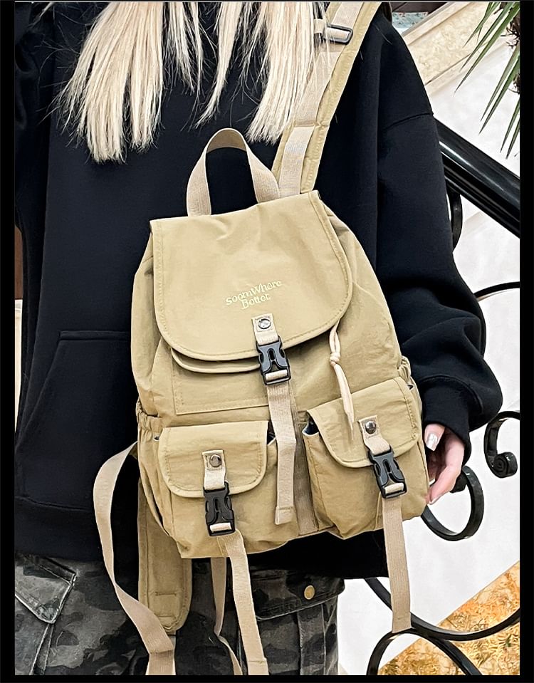 Embroidered Lettering Buckled Backpack Nylon Flap