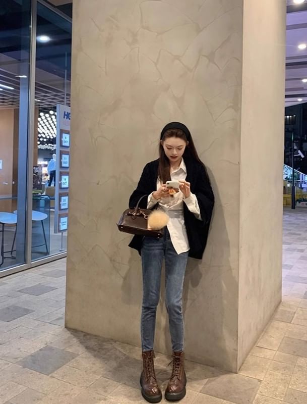 Lace-Up Short Boots Platform Faux Plain Leather