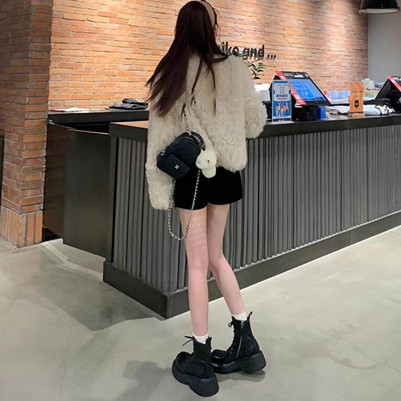 Lace-Up Short Boots Platform Faux Plain Leather