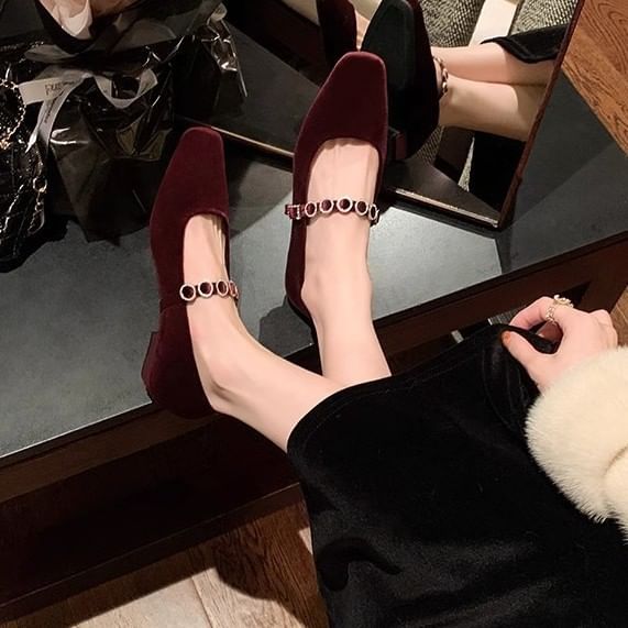 Jane Rhinestone Accent Velvet Heel Mary Pumps Low