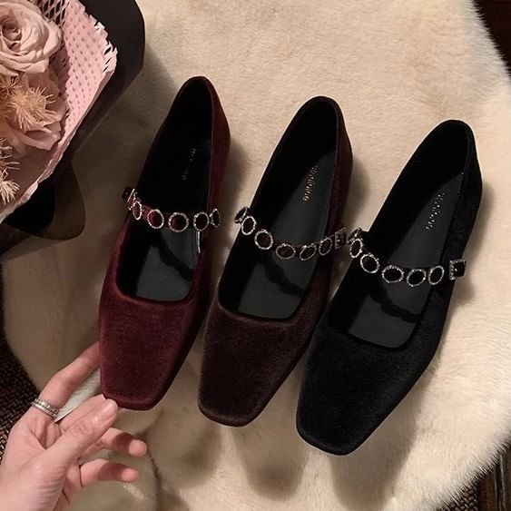 Jane Rhinestone Accent Velvet Heel Mary Pumps Low