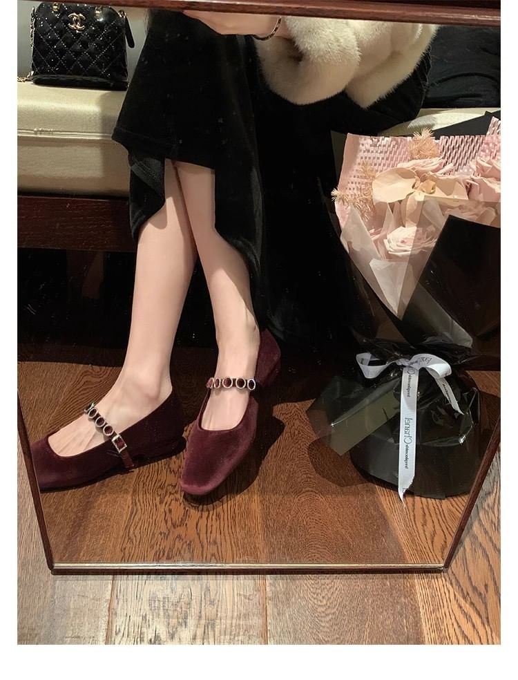 Jane Rhinestone Accent Velvet Heel Mary Pumps Low