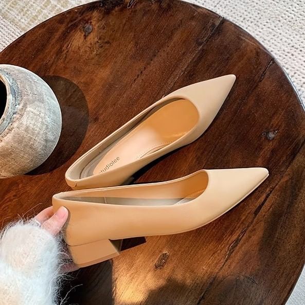 Plain Heel Pointed Chunky Pumps Faux Leather Toe