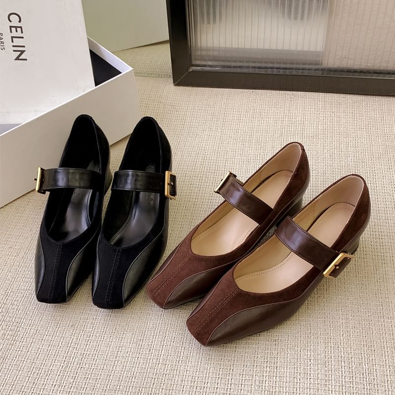 Heel Plain Jane Panel Leather Mary Buckled Chunky Pumps Faux