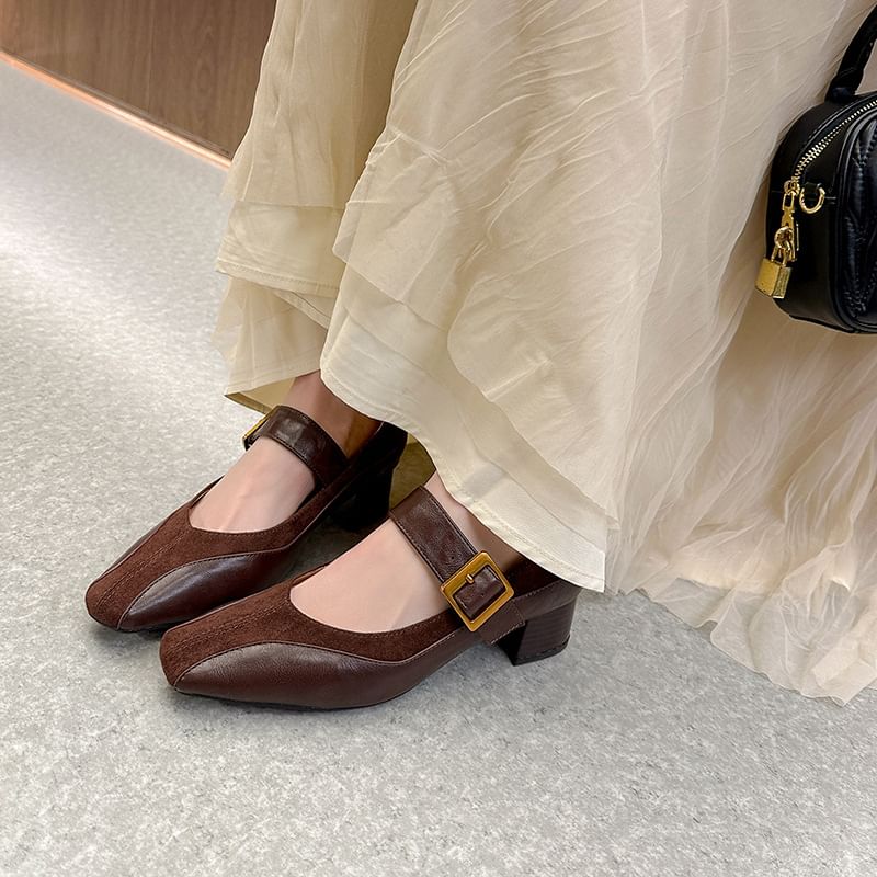 Heel Plain Jane Panel Leather Mary Buckled Chunky Pumps Faux