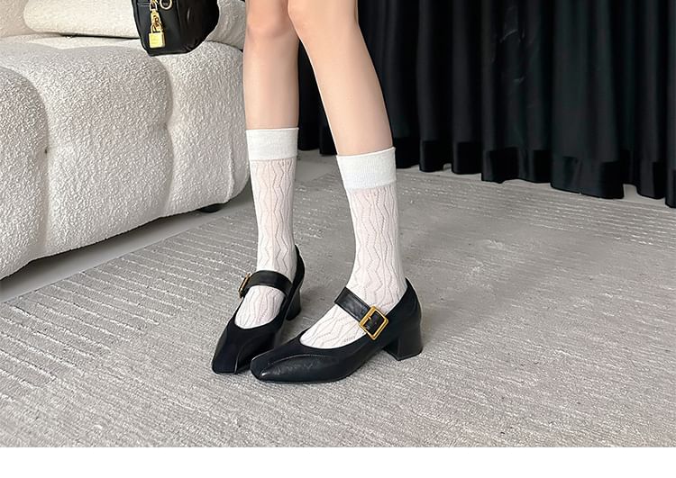 Heel Plain Jane Panel Leather Mary Buckled Chunky Pumps Faux