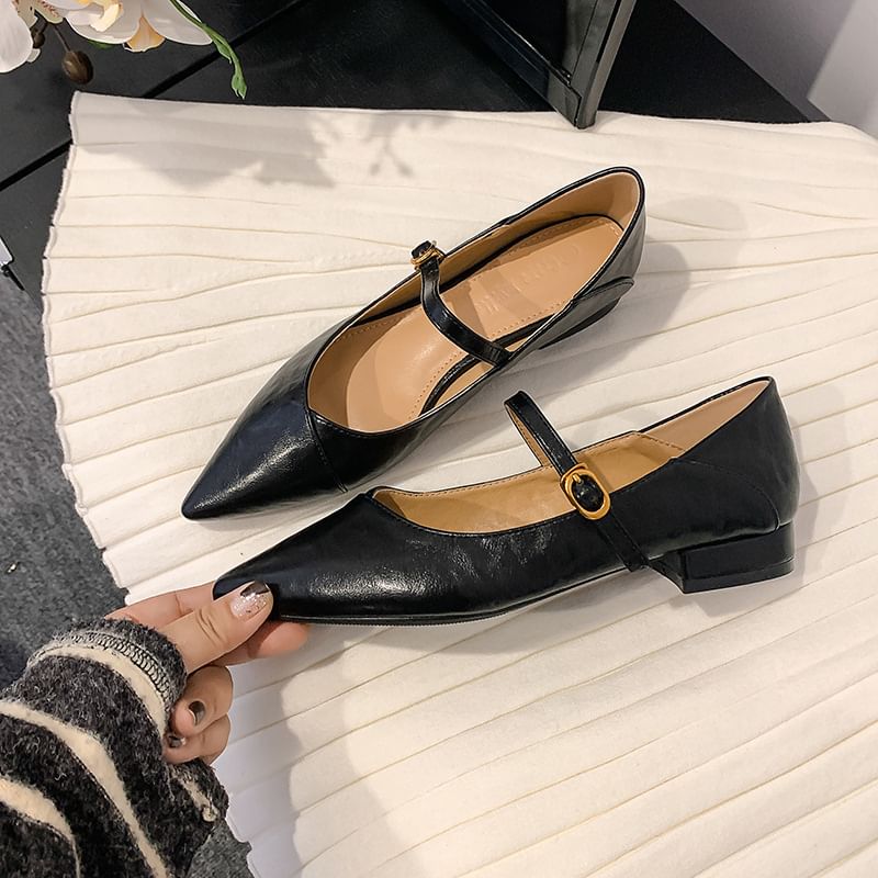Plain Jane Faux Buckled Leather Mary Pointed Pumps Low Heel Toe